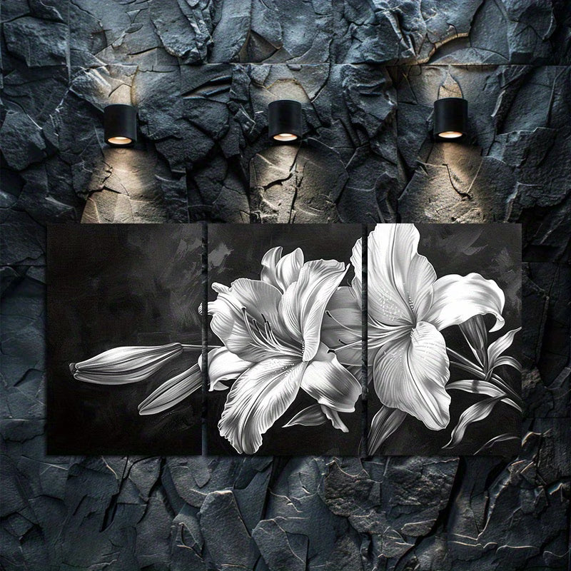 3pcs Black & White Blooming Lilies Wall Art Set Canvas Framed 50x70cm - High Quality Print 100% Australian Made Wall Canvas Ready to Hang