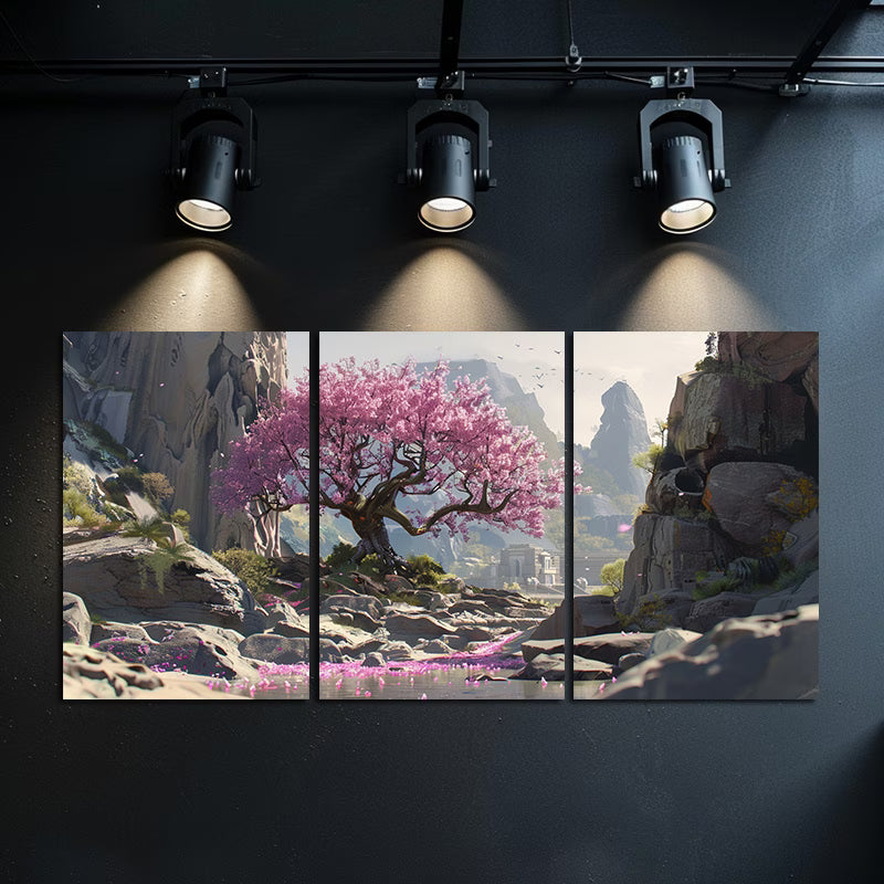3pcs Serene Pink Tree in Rocky River Scene Wall Art Set Canvas Framed 40x60cm - High Quality Print 100% Australian Made Wall Canvas Ready to Hang