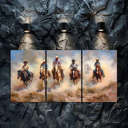 3pcs Cowboy Captured by Charles Schreyvogel Wall Art Set Canvas Framed 60x90cm - High Quality Print 100% Australian Made Wall Canvas Ready to Hang