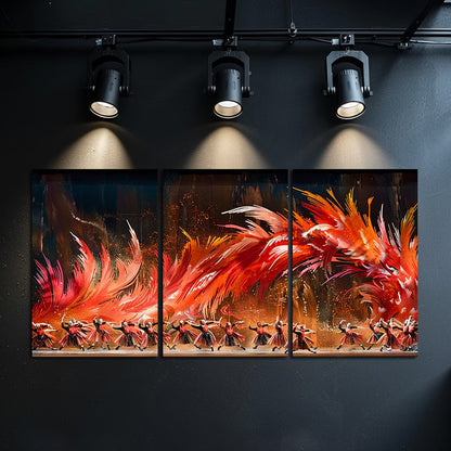 3pcs Vibrant Fiery Phoenix Dance Illustration Wall Art Set Canvas Framed 50x70cm - High Quality Print 100% Australian Made Wall Canvas Ready to Hang