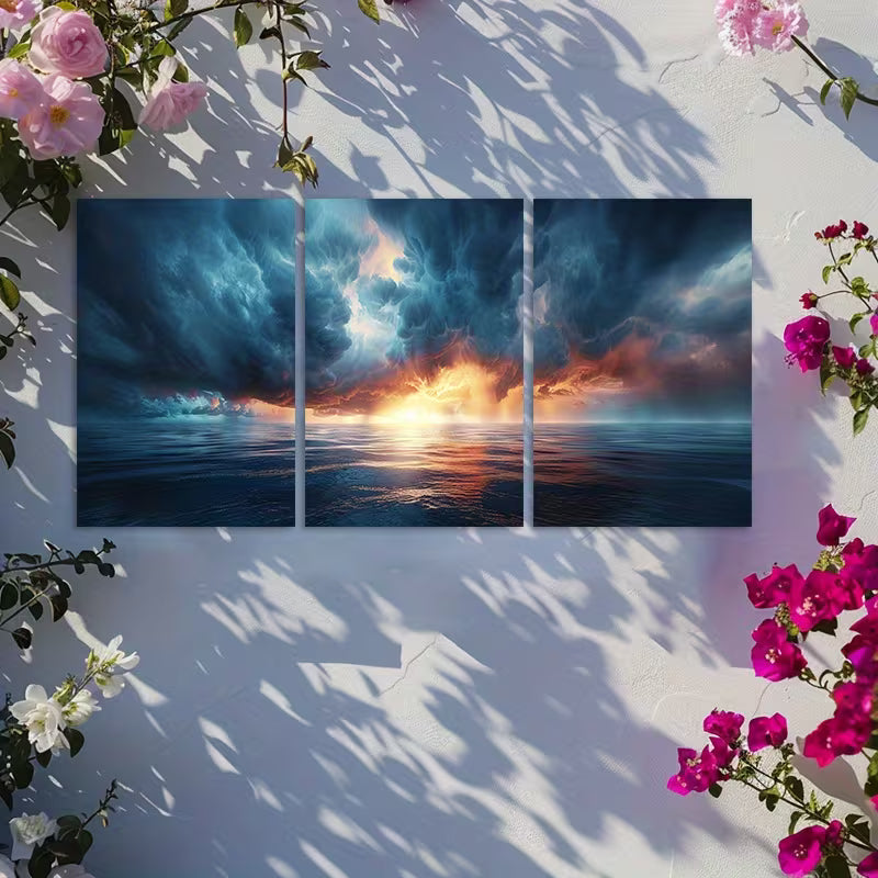 3pcs Dark Sunset Storm Clouds Over Countryside Wall Art Set Canvas Framed 60x90cm - High Quality Print 100% Australian Made Wall Canvas Ready to Hang
