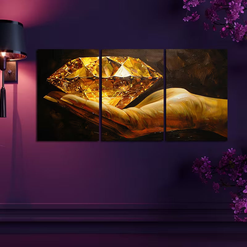 3pcs Golden Diamond in Hand Wall Art Set Canvas Framed 50x70cm - High Quality Print 100% Australian Made Wall Canvas Ready to Hang