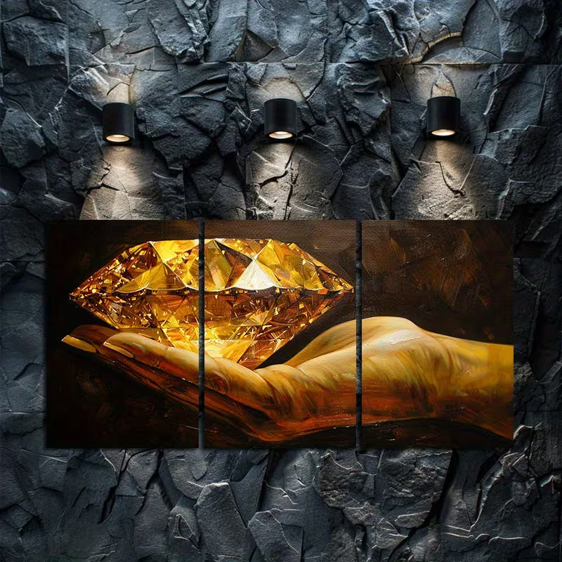 3pcs Golden Diamond in Hand Wall Art Set Canvas Framed 50x70cm - High Quality Print 100% Australian Made Wall Canvas Ready to Hang