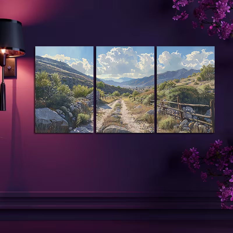 3pcs Sunlit Rugged Valley or Mountain Pass Wall Art Set Canvas Framed 40x60cm - High Quality Print 100% Australian Made Wall Canvas Ready to Hang