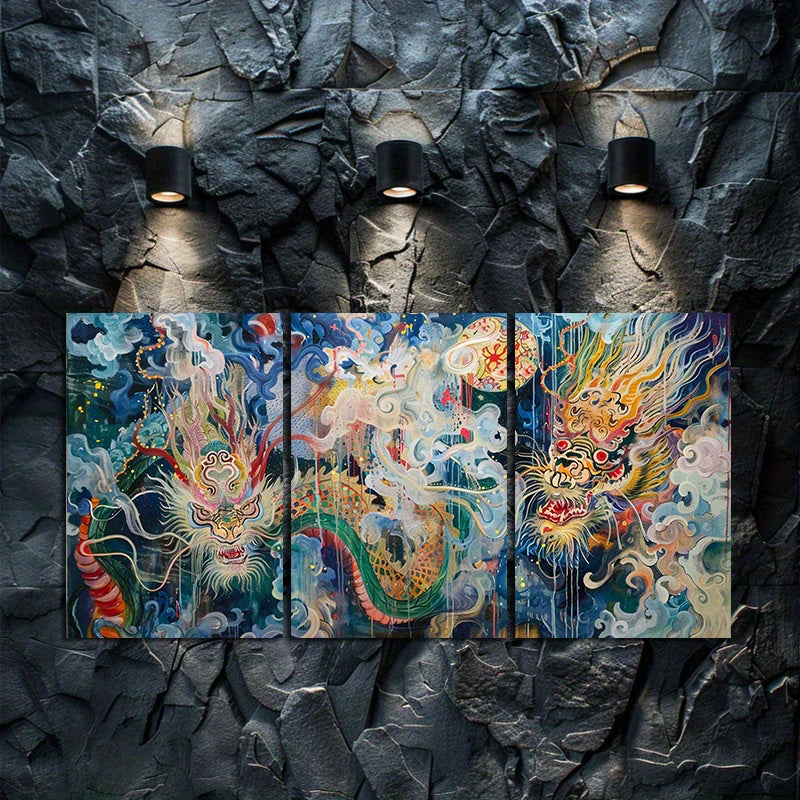 3pcs Dragons Appeared Faintly Amidst The Smoke Wall Art Set Canvas Framed 40x60cm - High Quality Print 100% Australian Made Wall Canvas Ready to Hang