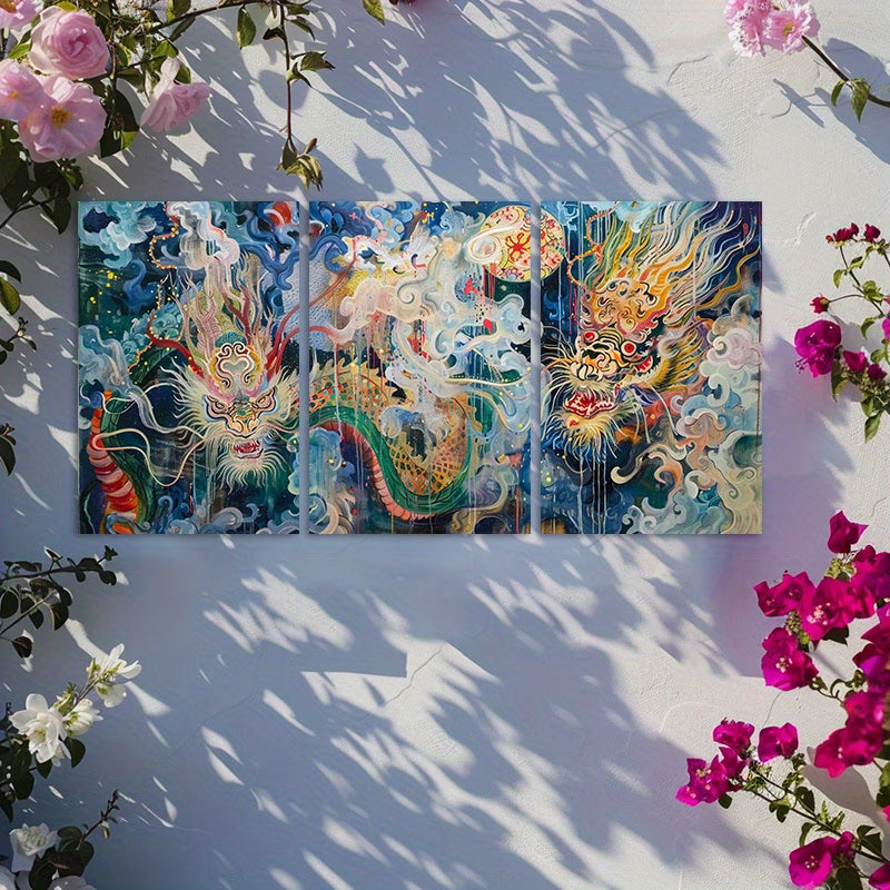 3pcs Dragons Appeared Faintly Amidst The Smoke Wall Art Set Canvas Framed 40x60cm - High Quality Print 100% Australian Made Wall Canvas Ready to Hang