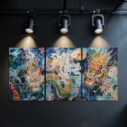 3pcs Dragons Appeared Faintly Amidst The Smoke Wall Art Set Canvas Framed 40x60cm - High Quality Print 100% Australian Made Wall Canvas Ready to Hang