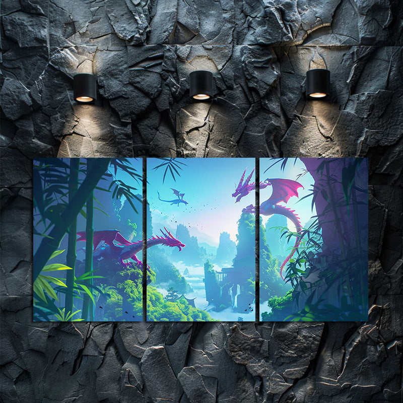 3pcs Dragon and Bamboo Forest Wall Art Set Canvas Framed 50x70cm - High Quality Print 100% Australian Made Wall Canvas Ready to Hang