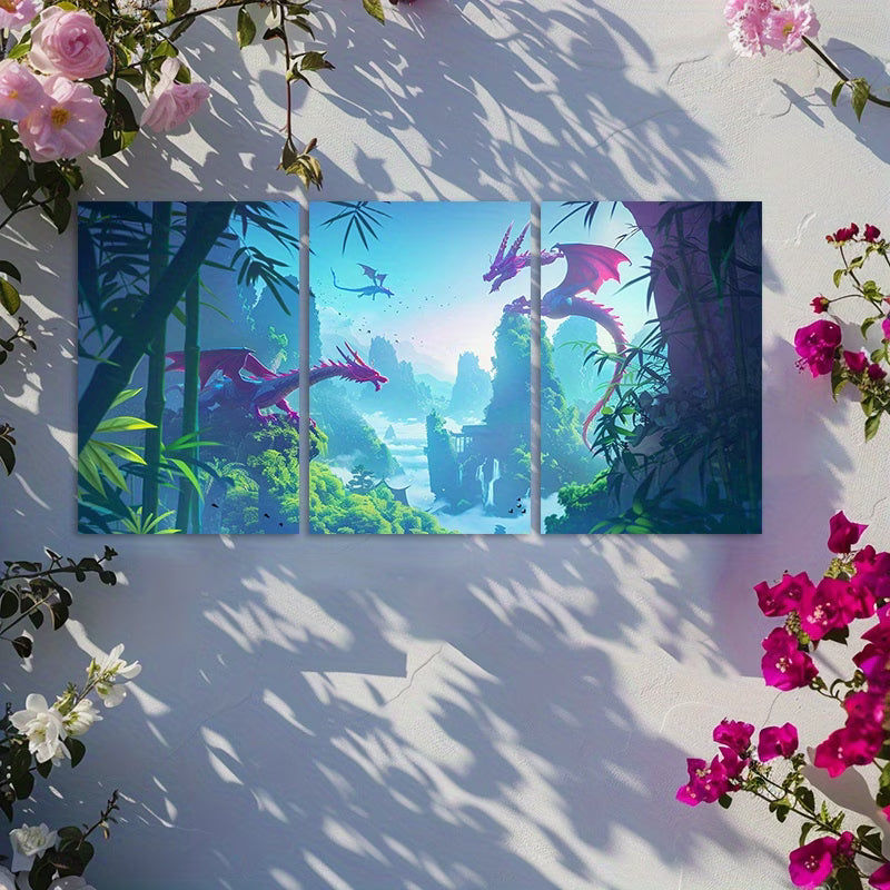 3pcs Dragon and Bamboo Forest Wall Art Set Canvas Framed 50x70cm - High Quality Print 100% Australian Made Wall Canvas Ready to Hang