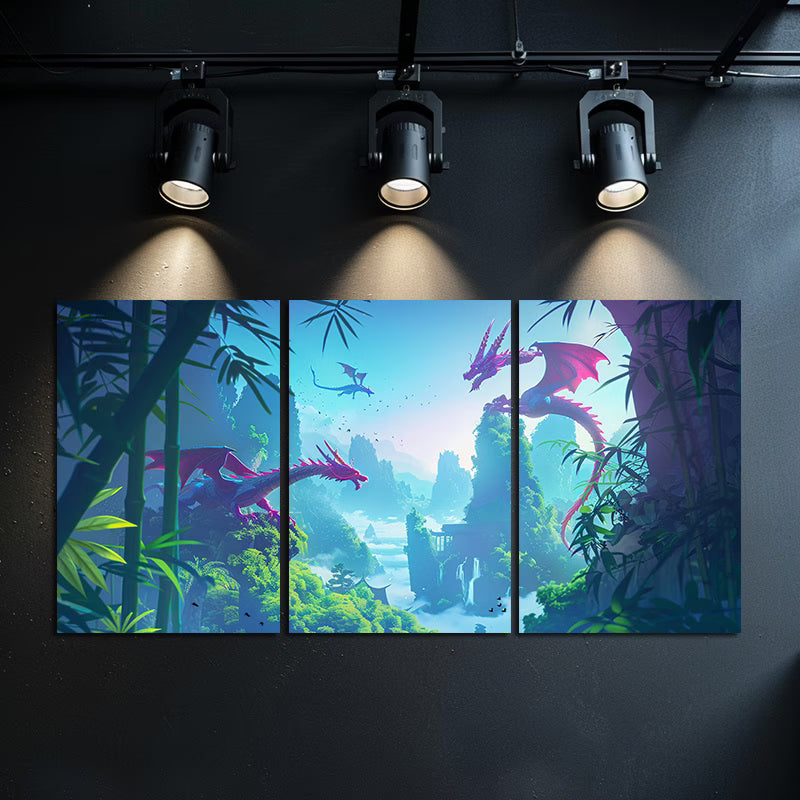 3pcs Dragon and Bamboo Forest Wall Art Set Canvas Framed 60x90cm - High Quality Print 100% Australian Made Wall Canvas Ready to Hang