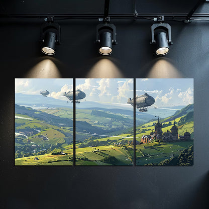 3pcs Green Hills with Structures and Airships Wall Art Set Canvas Framed 40x60cm - High Quality Print 100% Australian Made Wall Canvas Ready to Hang