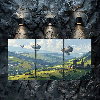 3pcs Green Hills with Structures and Airships Wall Art Set Canvas Framed 40x60cm - High Quality Print 100% Australian Made Wall Canvas Ready to Hang