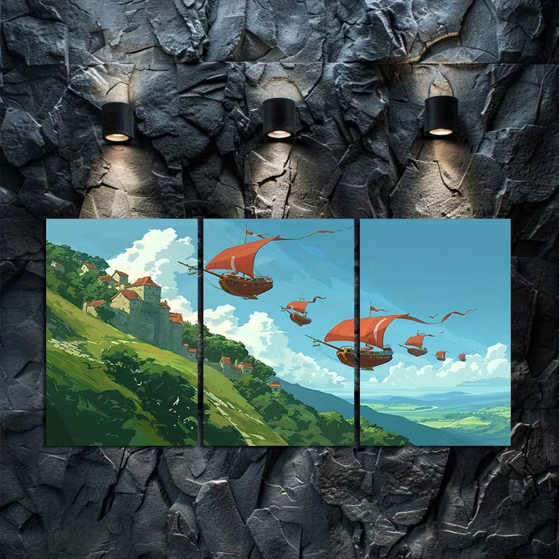 3pcs Green Hills & Airships Illustration Wall Art Set Canvas Framed 60x90cm - High Quality Print 100% Australian Made Wall Canvas Ready to Hang