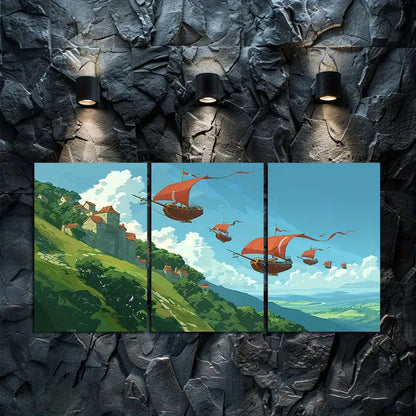 3pcs Green Hills & Airships Illustration Wall Art Set Canvas Framed 60x90cm - High Quality Print 100% Australian Made Wall Canvas Ready to Hang