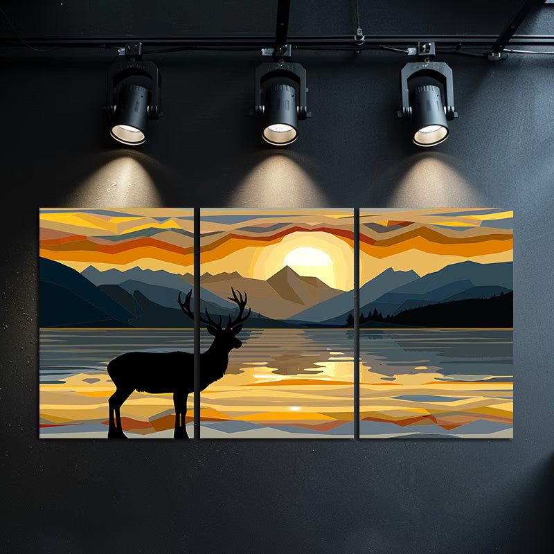 3pcs Sunset Deer and Lake Illustration Wall Art Set Canvas Framed 40x60cm - High Quality Print 100% Australian Made Wall Canvas Ready to Hang