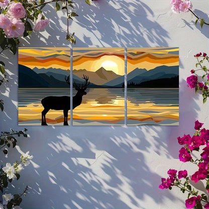 3pcs Sunset Deer and Lake Illustration Wall Art Set Canvas Framed 50x70cm - High Quality Print 100% Australian Made Wall Canvas Ready to Hang