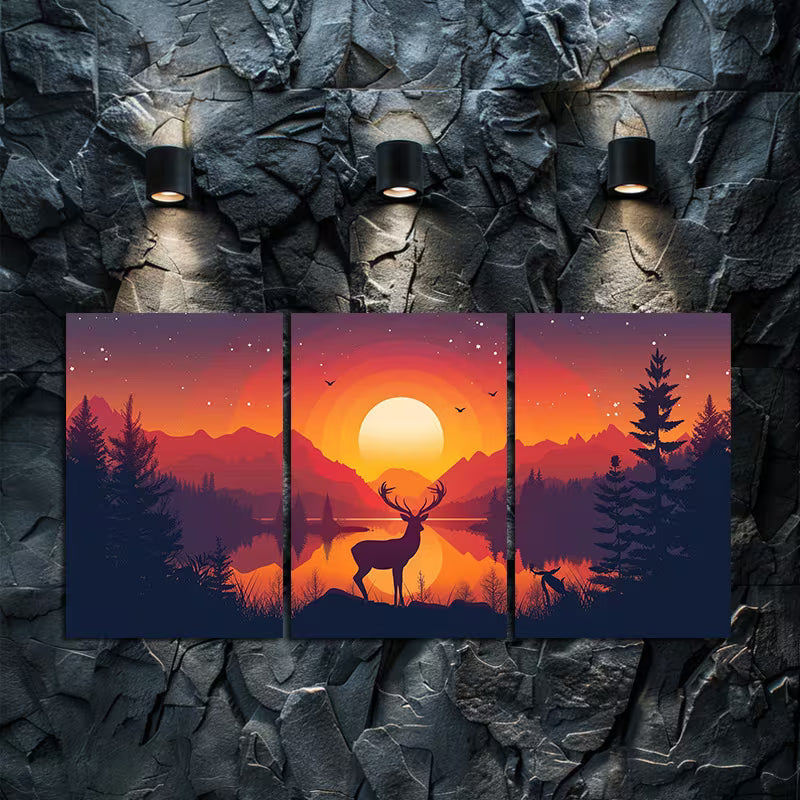 3pcs Deer by a Lake with Mountains at Sunset Wall Art Set Canvas Framed 60x90cm - High Quality Print 100% Australian Made Wall Canvas Ready to Hang