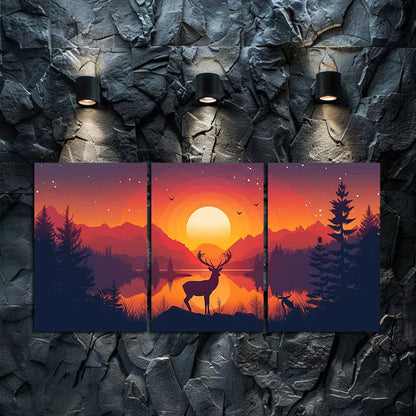 3pcs Deer by a Lake with Mountains at Sunset Wall Art Set Canvas Framed 60x90cm - High Quality Print 100% Australian Made Wall Canvas Ready to Hang