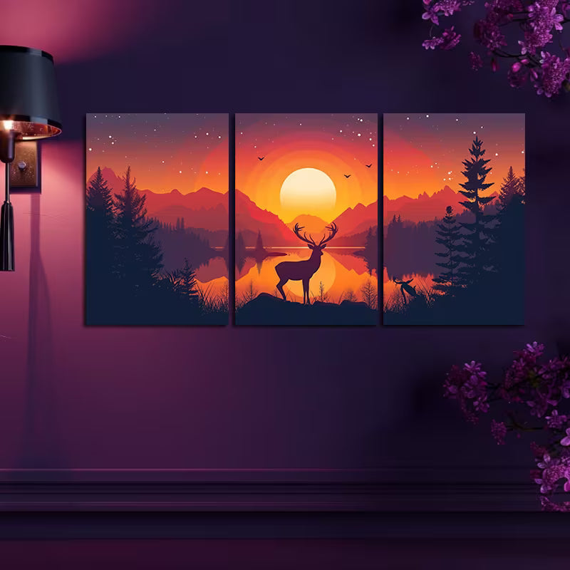 3pcs Deer by a Lake with Mountains at Sunset Wall Art Set Canvas Framed 60x90cm - High Quality Print 100% Australian Made Wall Canvas Ready to Hang