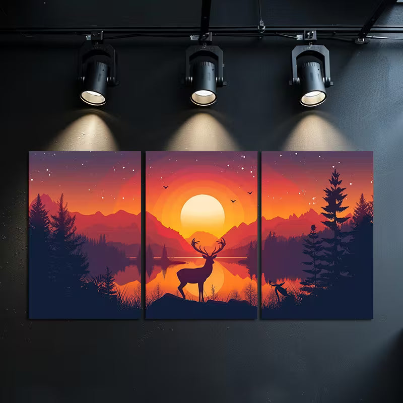 3pcs Deer by a Lake with Mountains at Sunset Wall Art Set Canvas Framed 40x60cm - High Quality Print 100% Australian Made Wall Canvas Ready to Hang