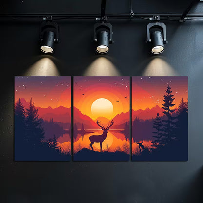 3pcs Deer by a Lake with Mountains at Sunset Wall Art Set Canvas Framed 40x60cm - High Quality Print 100% Australian Made Wall Canvas Ready to Hang