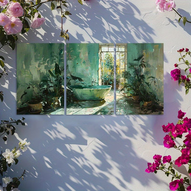 3pcs Green Bathtub, Mint Green Hallway Wall Art Set Canvas Framed 60x90cm - High Quality Print 100% Australian Made Wall Canvas Ready to Hang