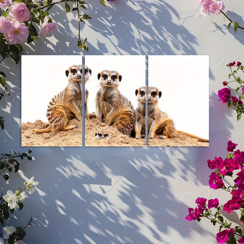 3pcs Charming Meerkat Family Wall Art Set Canvas Framed 60x90cm - High Quality Print 100% Australian Made Wall Canvas Ready to Hang