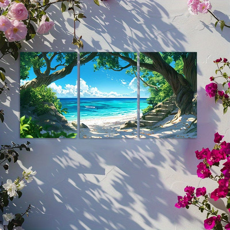 3pcs Japanese Anime Beach & Banyan Tree Wall Art Set Canvas Framed 60x90cm - High Quality Print 100% Australian Made Wall Canvas Ready to Hang