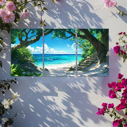 3pcs Japanese Anime Beach & Banyan Tree Wall Art Set Canvas Framed 60x90cm - High Quality Print 100% Australian Made Wall Canvas Ready to Hang