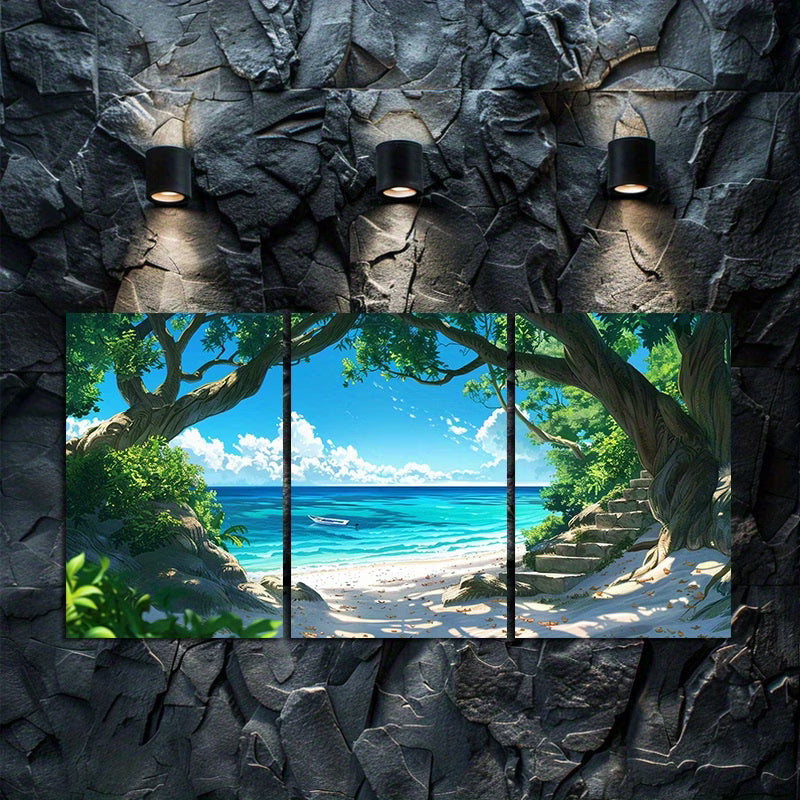 3pcs Japanese Anime Beach & Banyan Tree Wall Art Set Canvas Framed 60x90cm - High Quality Print 100% Australian Made Wall Canvas Ready to Hang