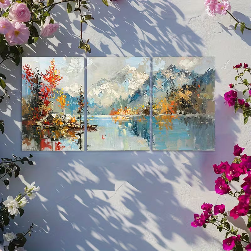 3pcs landscape of a lake and mountains Wall Art Set Canvas Framed 50x70cm - High Quality Print 100% Australian Made Wall Canvas Ready to Hang