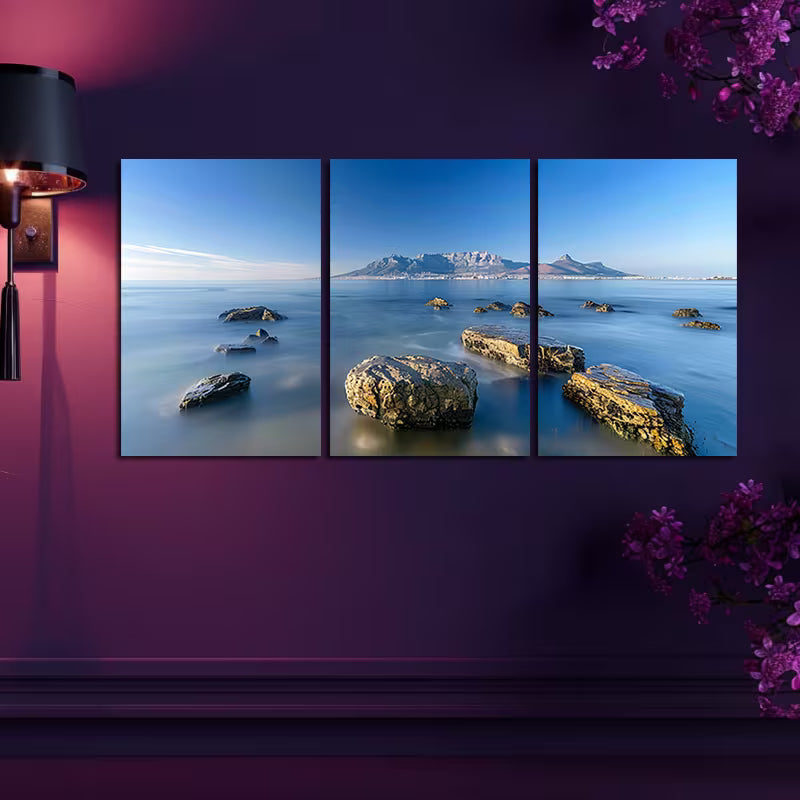 3pcs Exposure Photography of Rocks And The Sea Wall Art Set Canvas Framed 50x70cm - High Quality Print 100% Australian Made Wall Canvas Ready to Hang