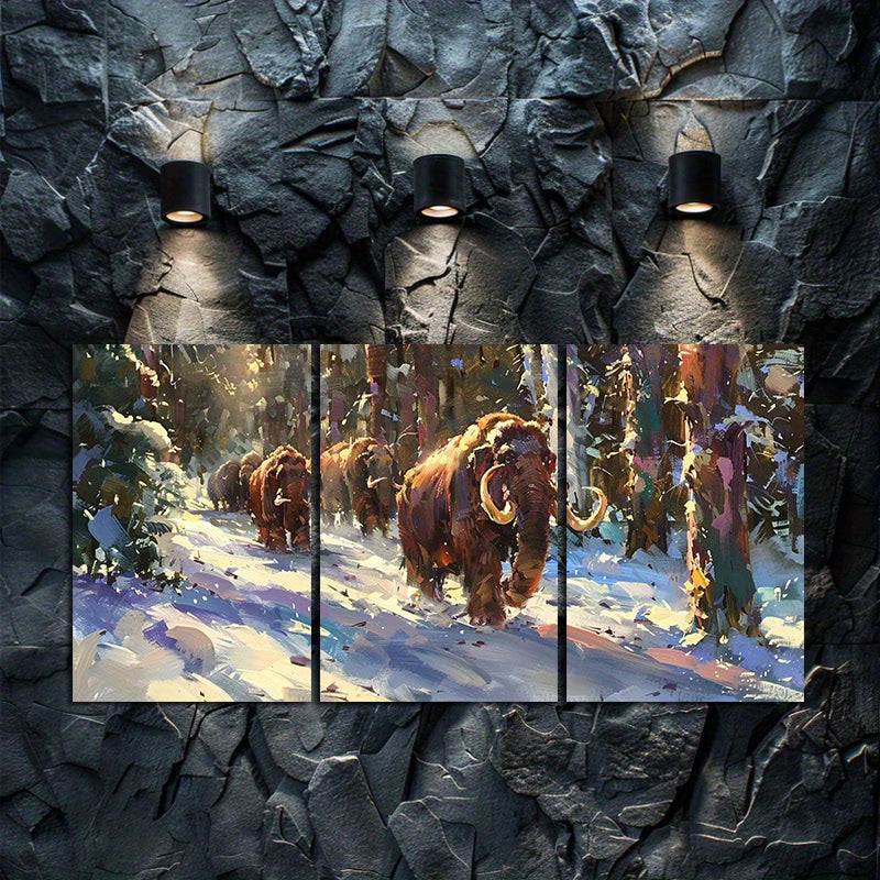 3pcs Mammoth Snowy Trek Scene Wall Art Set Canvas Framed 50x70cm - High Quality Print 100% Australian Made Wall Canvas Ready to Hang