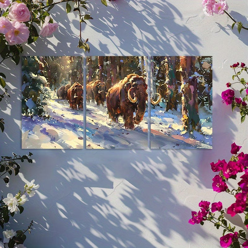 3pcs Mammoth Snowy Trek Scene Wall Art Set Canvas Framed 50x70cm - High Quality Print 100% Australian Made Wall Canvas Ready to Hang
