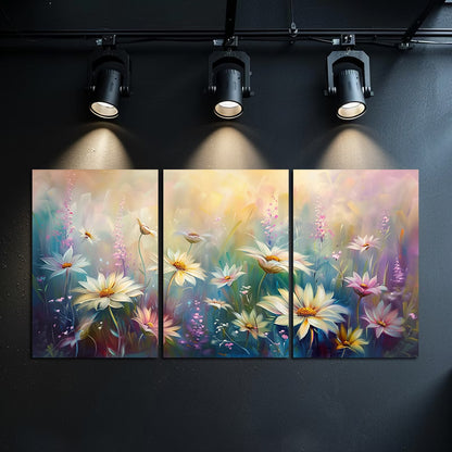 3pcs Meadow with White Daisies Blurred Design Wall Art Set Canvas Framed 50x70cm - High Quality Print 100% Australian Made Wall Canvas Ready to Hang