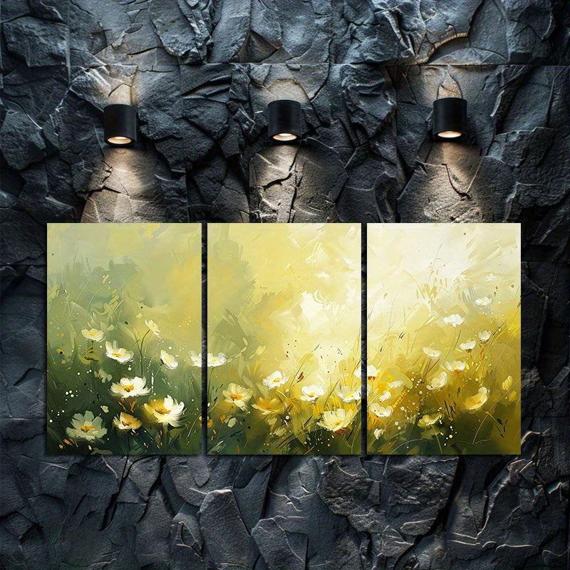 3pcs blurred meadow with white daisies flowers Wall Art Set Canvas Framed 50x70cm - High Quality Print 100% Australian Made Wall Canvas Ready to Hang