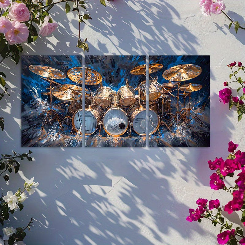 3pcs Drum Set Oil Painting Abstract Music Theme Wall Art Set Canvas Framed 60x90cm - High Quality Print 100% Australian Made Wall Canvas Ready to Hang