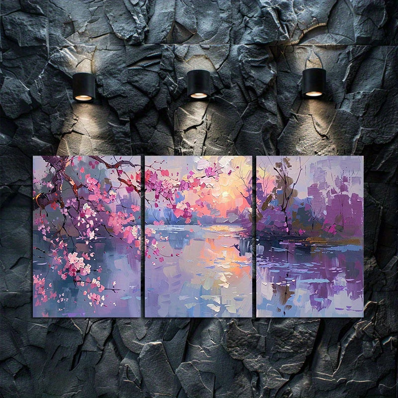3pcs Romantic Spring Night Floral and Moon Wall Art Set Canvas Framed 50x70cm - High Quality Print 100% Australian Made Wall Canvas Ready to Hang