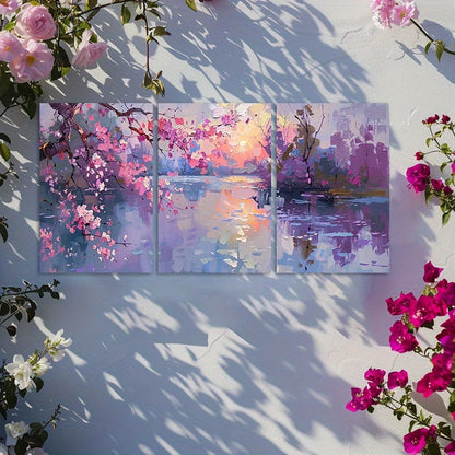 3pcs Romantic Spring Night Floral and Moon Wall Art Set Canvas Framed 60x90cm - High Quality Print 100% Australian Made Wall Canvas Ready to Hang