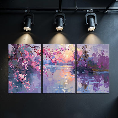 3pcs Romantic Spring Night Floral and Moon Wall Art Set Canvas Framed 60x90cm - High Quality Print 100% Australian Made Wall Canvas Ready to Hang