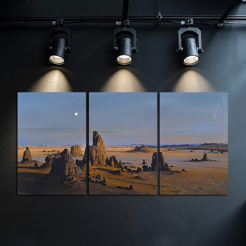 3pcs Desert Gobi Rock Landscape with Moon Wall Art Set Canvas Framed 40x60cm - High Quality Print 100% Australian Made Wall Canvas Ready to Hang