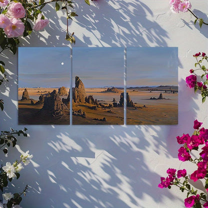 3pcs Desert Gobi Rock Landscape with Moon Wall Art Set Canvas Framed 40x60cm - High Quality Print 100% Australian Made Wall Canvas Ready to Hang