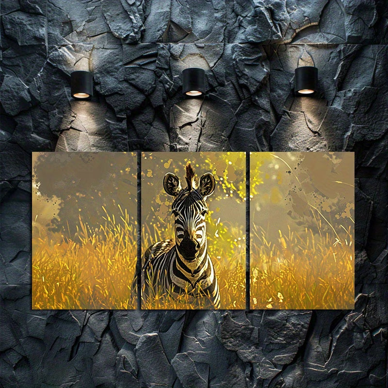 3pcs Zebra in Golden Grass Wall Art Set Canvas Framed 50x70cm - High Quality Print 100% Australian Made Wall Canvas Ready to Hang
