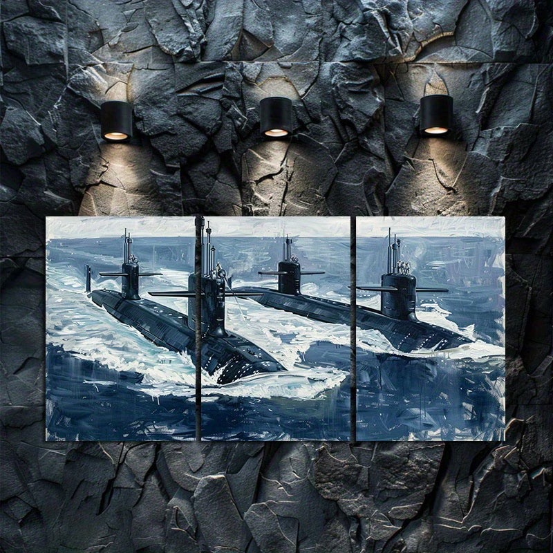 3pcs Submarine Naval Nautical Ocean Vessel Wall Art Set Canvas Framed 50x70cm - High Quality Print 100% Australian Made Wall Canvas Ready to Hang
