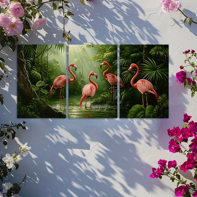 3pcs Flamingo Tropical Oil Painting Wall Art Set Canvas Framed 40x60cm - High Quality Print 100% Australian Made Wall Canvas Ready to Hang