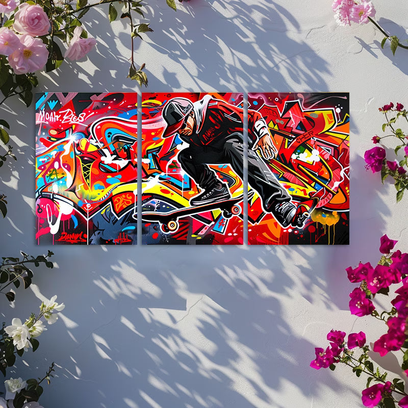 3pcs Graffiti Skateboarder Vibrant Street Art Wall Art Set Canvas Framed 40x60cm - High Quality Print 100% Australian Made Wall Canvas Ready to Hang