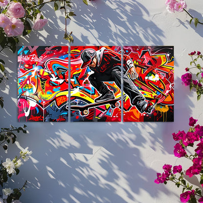 3pcs Graffiti Skateboarder Vibrant Street Art Wall Art Set Canvas Framed 40x60cm - High Quality Print 100% Australian Made Wall Canvas Ready to Hang