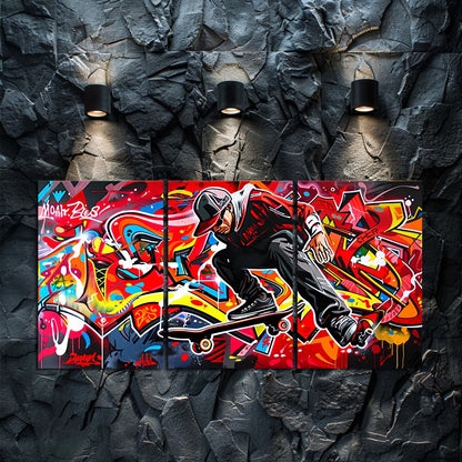 3pcs Graffiti Skateboarder Vibrant Street Art Wall Art Set Canvas Framed 40x60cm - High Quality Print 100% Australian Made Wall Canvas Ready to Hang