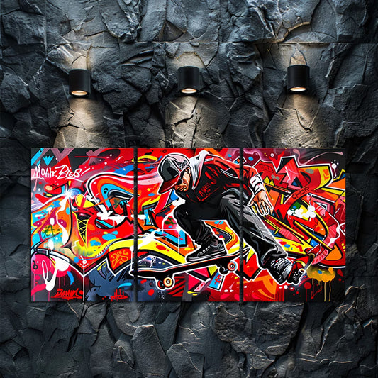 3pcs Graffiti Skateboarder Vibrant Street Art Wall Art Set Canvas Framed 40x60cm - High Quality Print 100% Australian Made Wall Canvas Ready to Hang