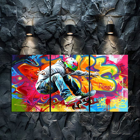 3pcs Graffiti Skateboarder Wall Art Set Canvas Framed 50x70cm - High Quality Print 100% Australian Made Wall Canvas Ready to Hang